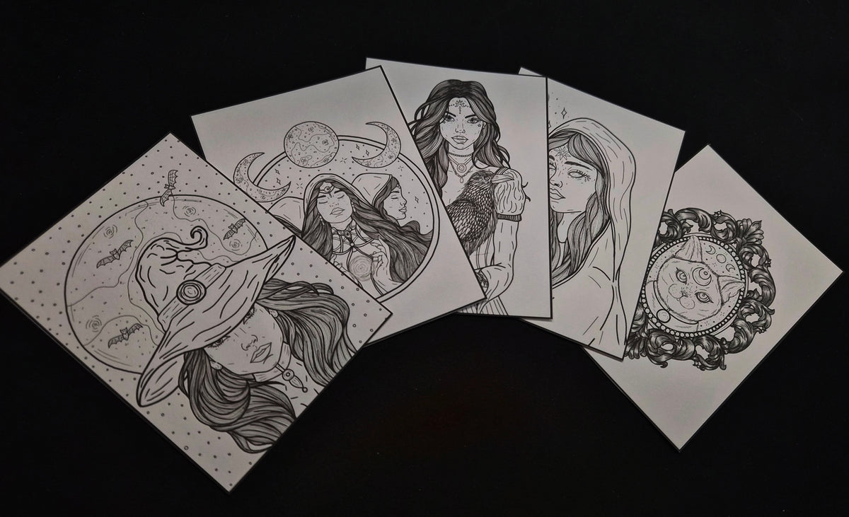 Lot de 5 cartes à colorier « L'univers des Sorcières »
